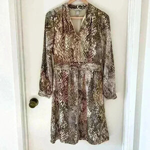 H&M Sz 6 Snakeskin Print Tan Brown Notch Neck Long Sleeve Dress Career